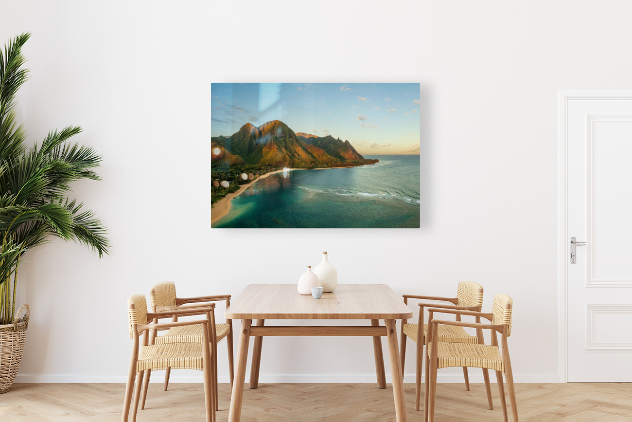 Aerial drone photo of Tunnels Beach at sunrise on Kauai in Hawaii Reproduction