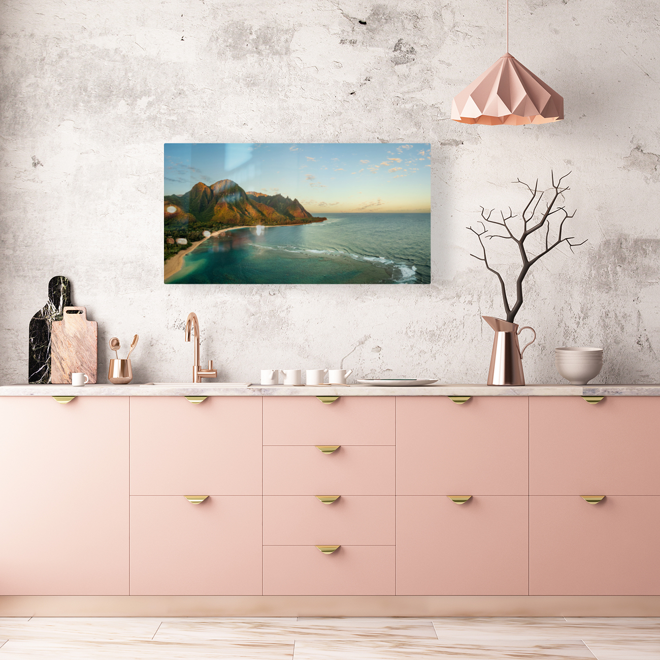 Panorama aerial view of Tunnels Beach at sunrise on Kauai in Hawaii Reproduction