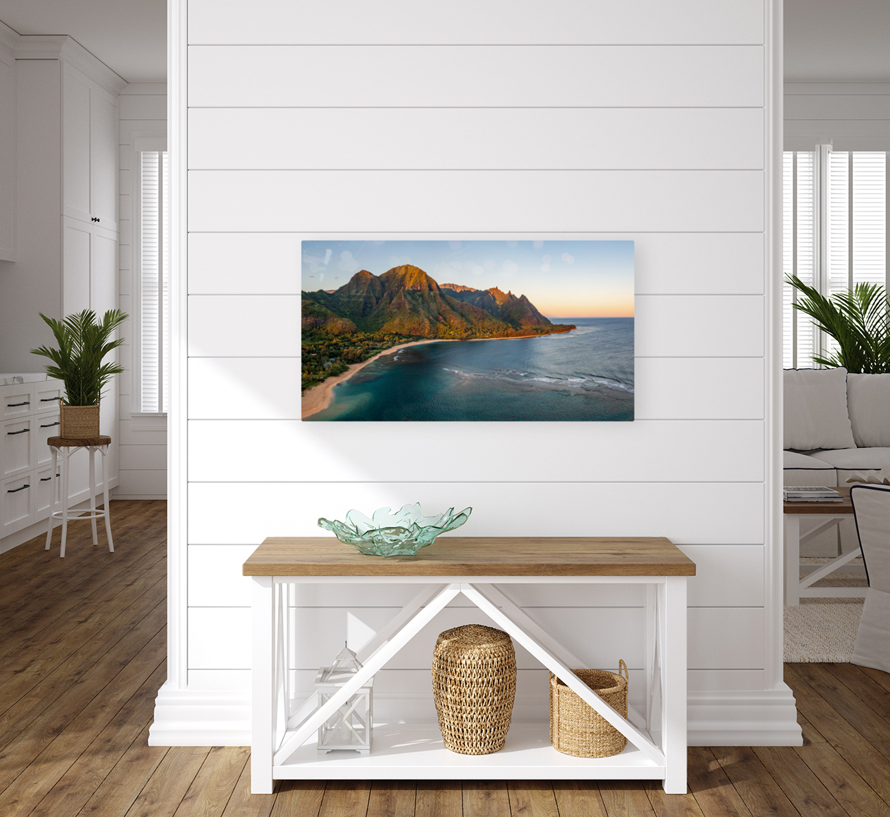 Aerial drone shot of Tunnels Beach at sunrise on Kauai in Hawaii Reproduction