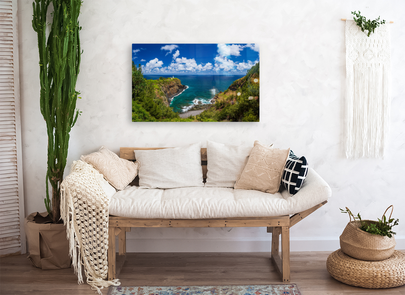 Kilauea lighthouse on headland against blue sky on Kauai Reproduction