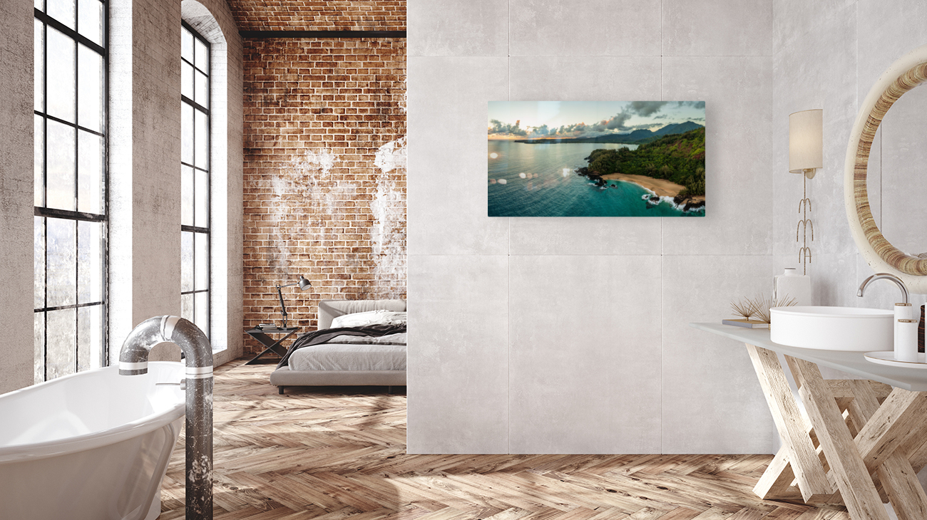 Aerial panoramic image of Lumahai Beach on the Kauai north shore Reproduction