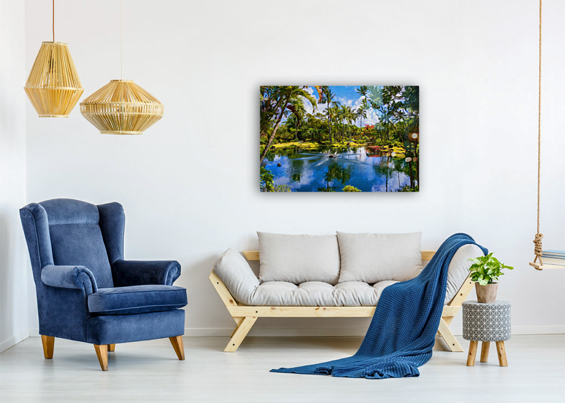 Oil painting of lagoon in the Na Aina Kai sculpture garden Reproduction