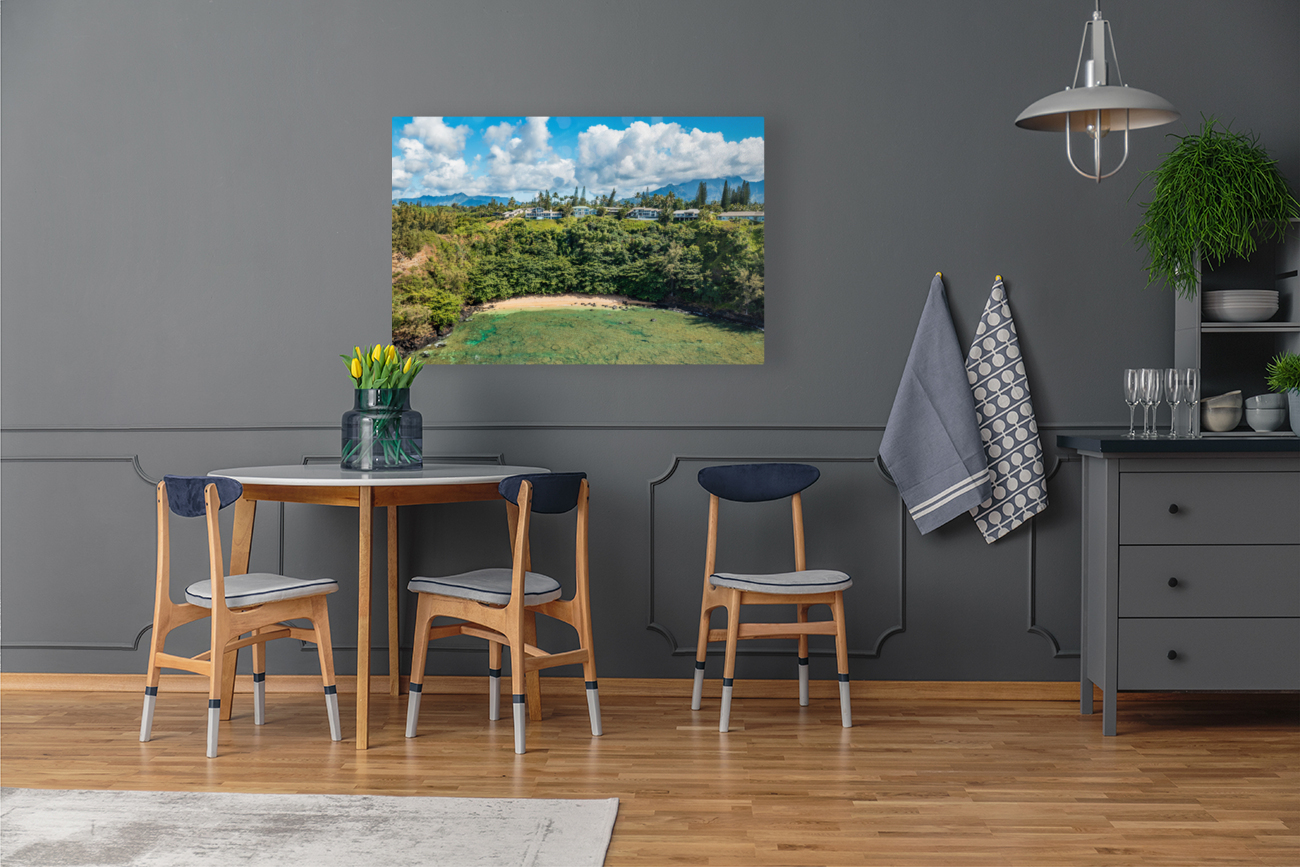 Aerial overview of Sealodge beach in Princeville on Kauai Reproduction