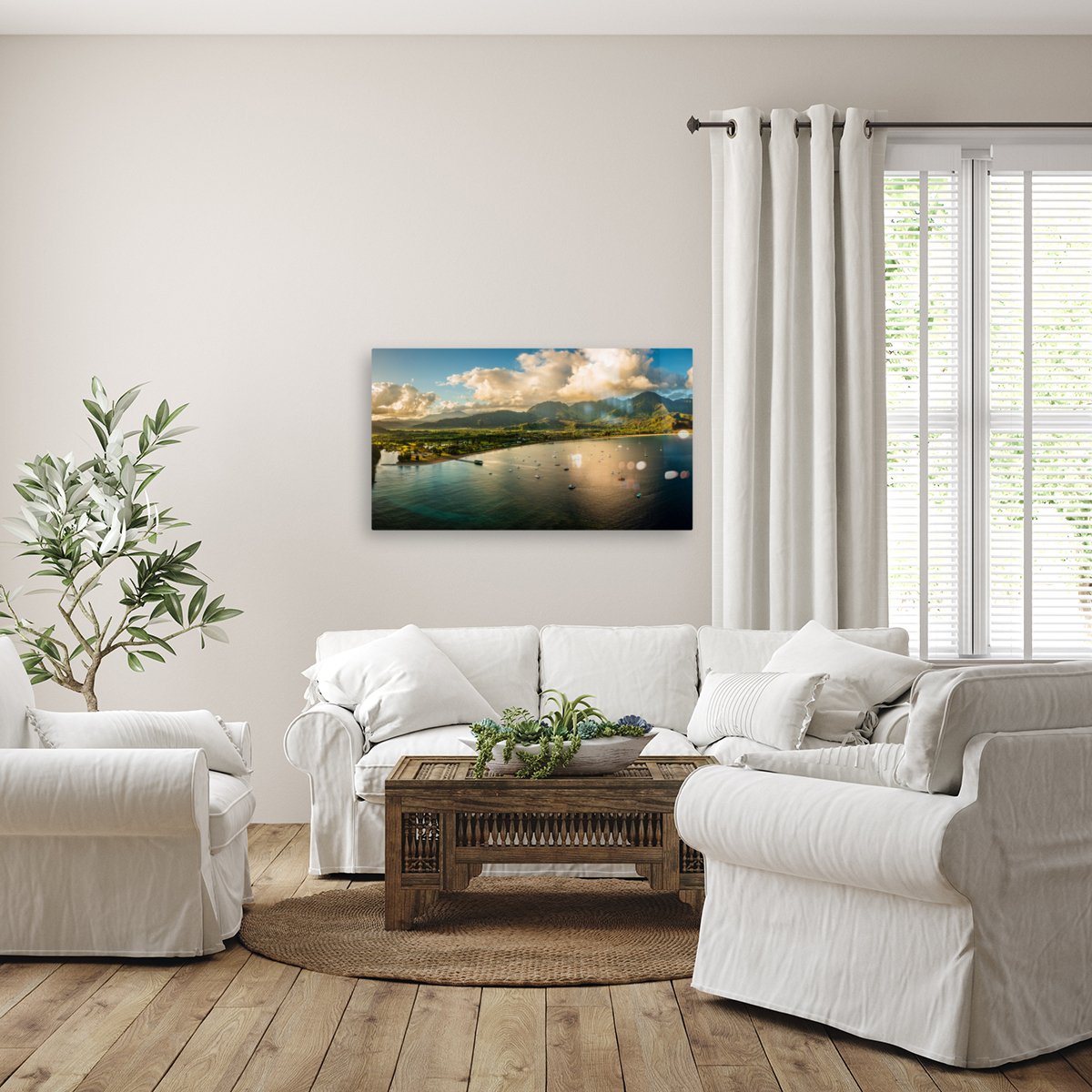 Aerial panorama over the town of Hanalei and valley at sunrise Reproduction