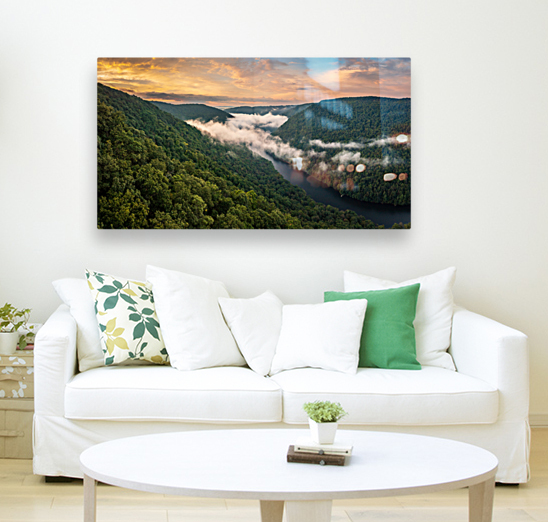 Mist swirling over Cheat River gorge at sunrise near Morgantown  Reproduction