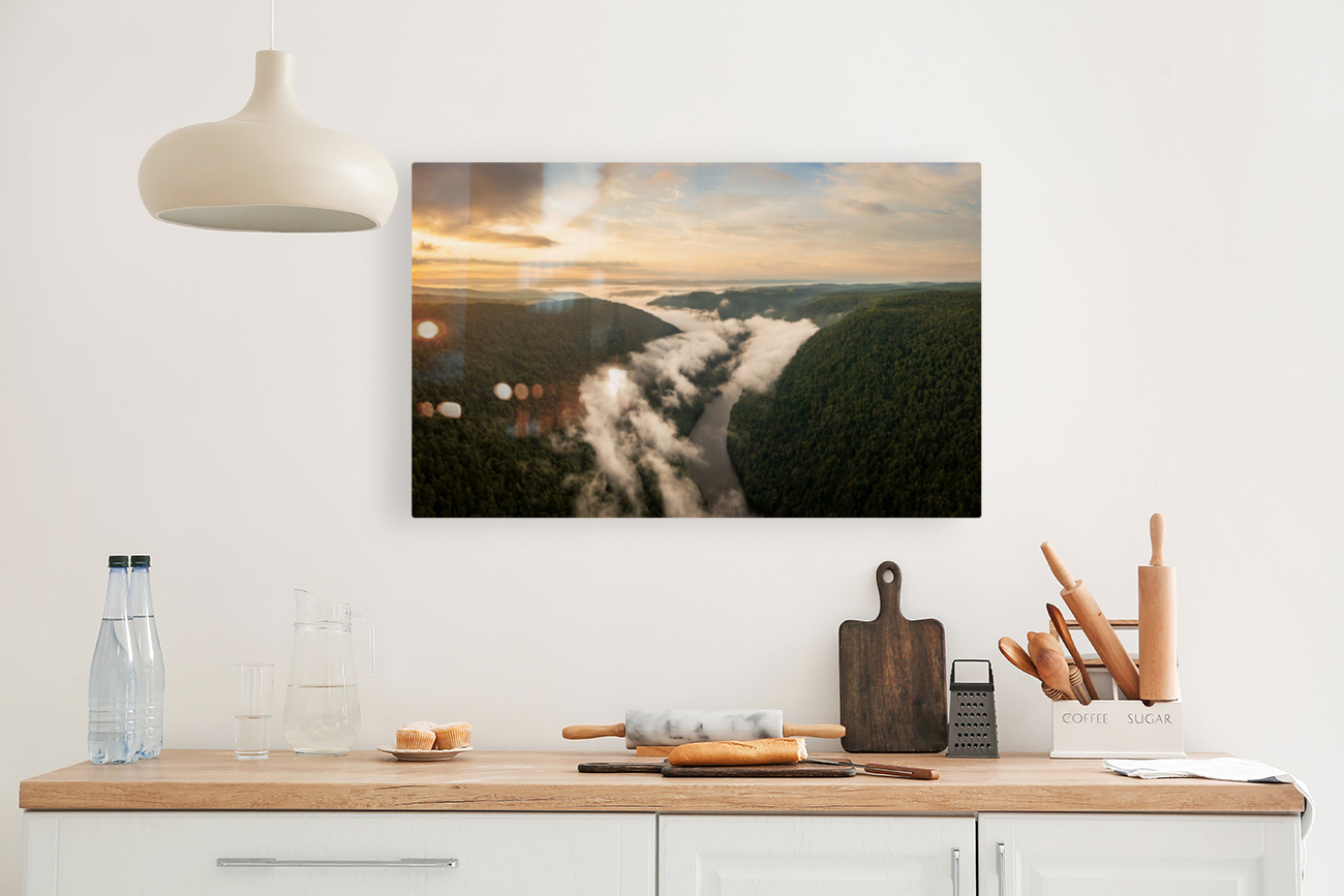 Mist swirling over Cheat River gorge at sunrise near Morgantown  Reproduction