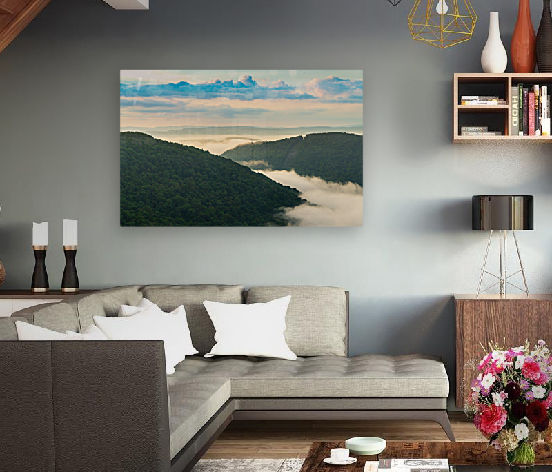 Mist swirling over Cheat River gorge at sunrise near Raven Rock Reproduction