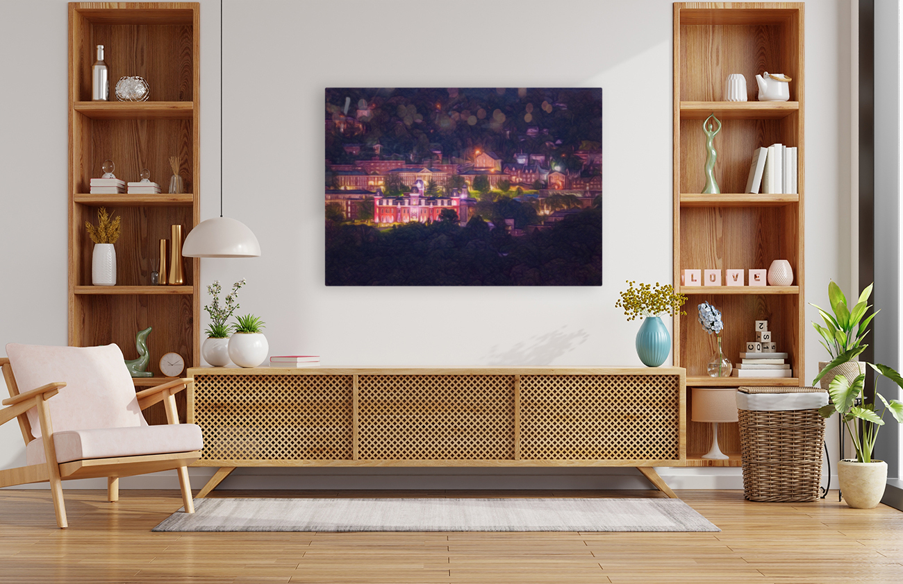 Pastel drawing campus of West Virginia university at night Reproduction