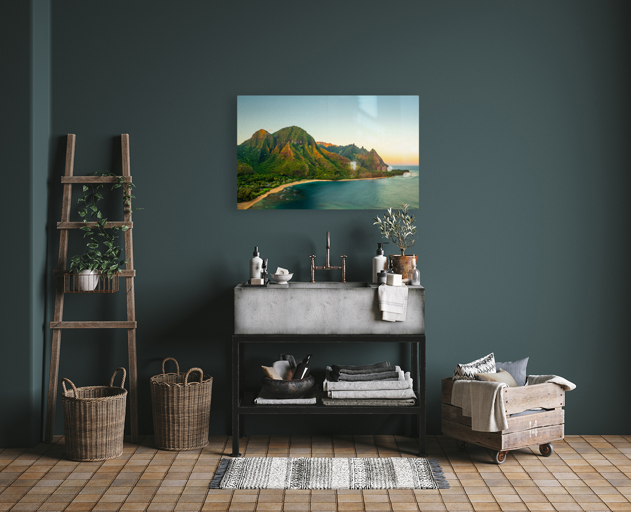 Aerial shot of Tunnels Beach at sunrise on Kauai in Hawaii Reproduction