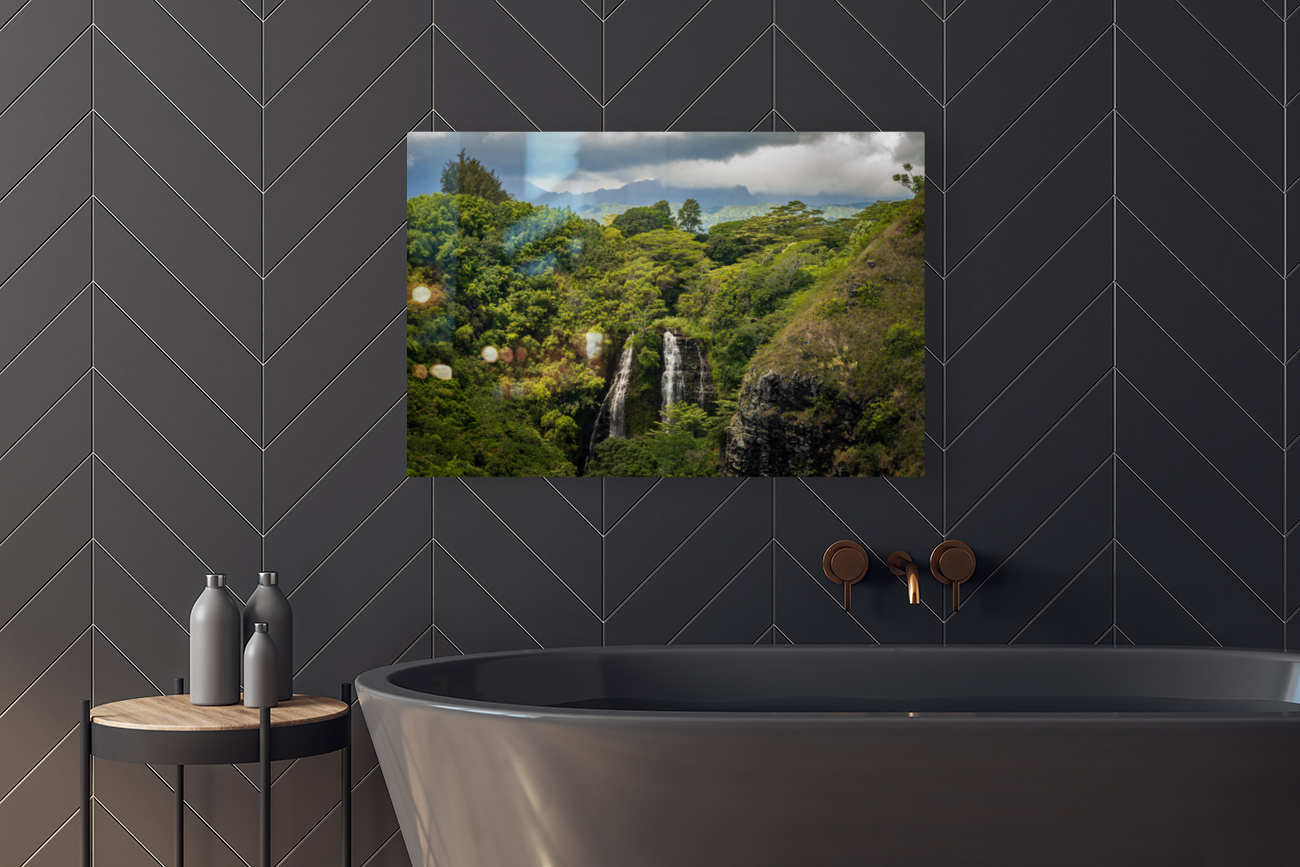 Opaekaa Falls sunlit as dark storm clouds gather over the hills Reproduction