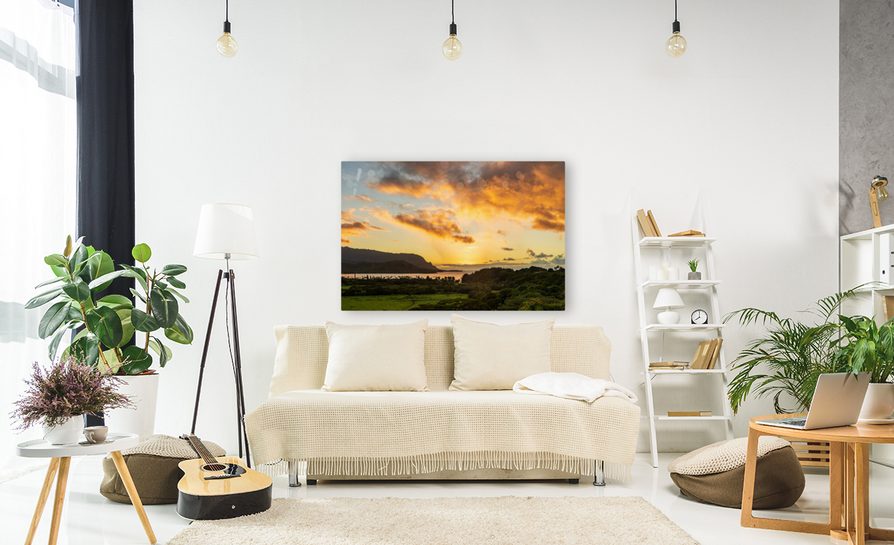 Sunset over Hanalei bay from overlook on the road Reproduction