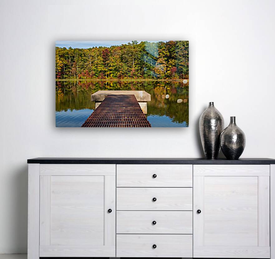 Fall leaves and metal pier in Coopers Rock State Forest in WV Reproduction