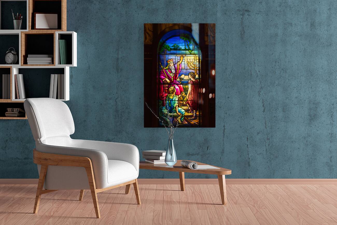 David set singers before the Lord. Tiffany stained glass window. Reproduction