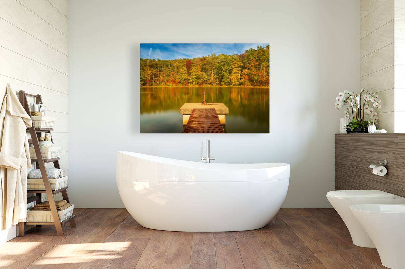 Fall leaves and metal pier in Coopers Rock State Forest in WV Reproduction