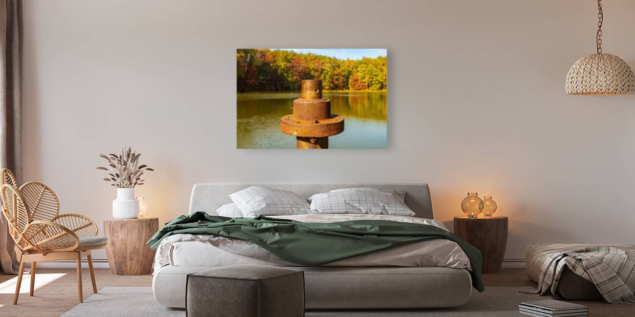 Detail of rusty metal pipe with fall leaves in Coopers Rock in W Reproduction