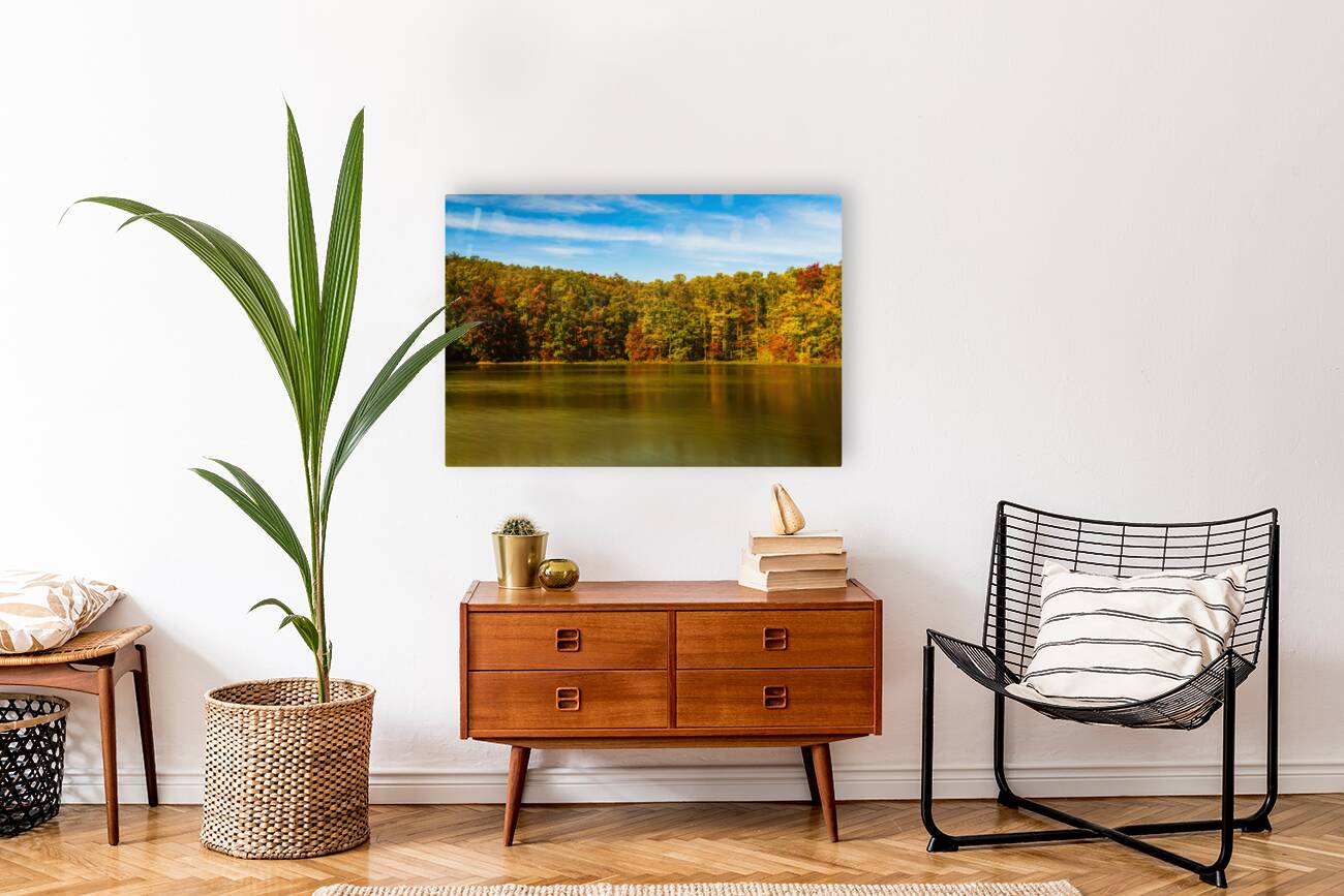 Fall leaves surround reservoir in Coopers Rock State Forest in W Reproduction
