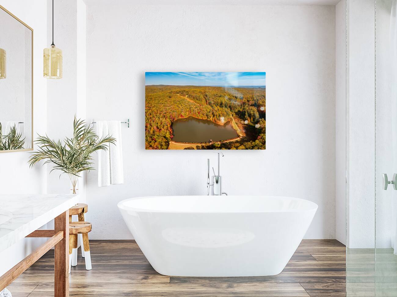 Aerial fall leaves around Coopers Rock reservoir in WV Reproduction