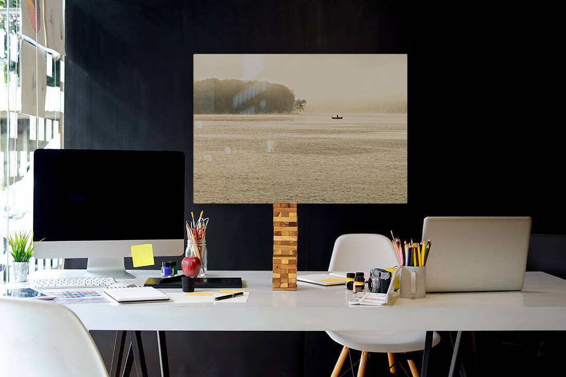 Fisherman fishing in Mississippi river on misty autumn morning Reproduction