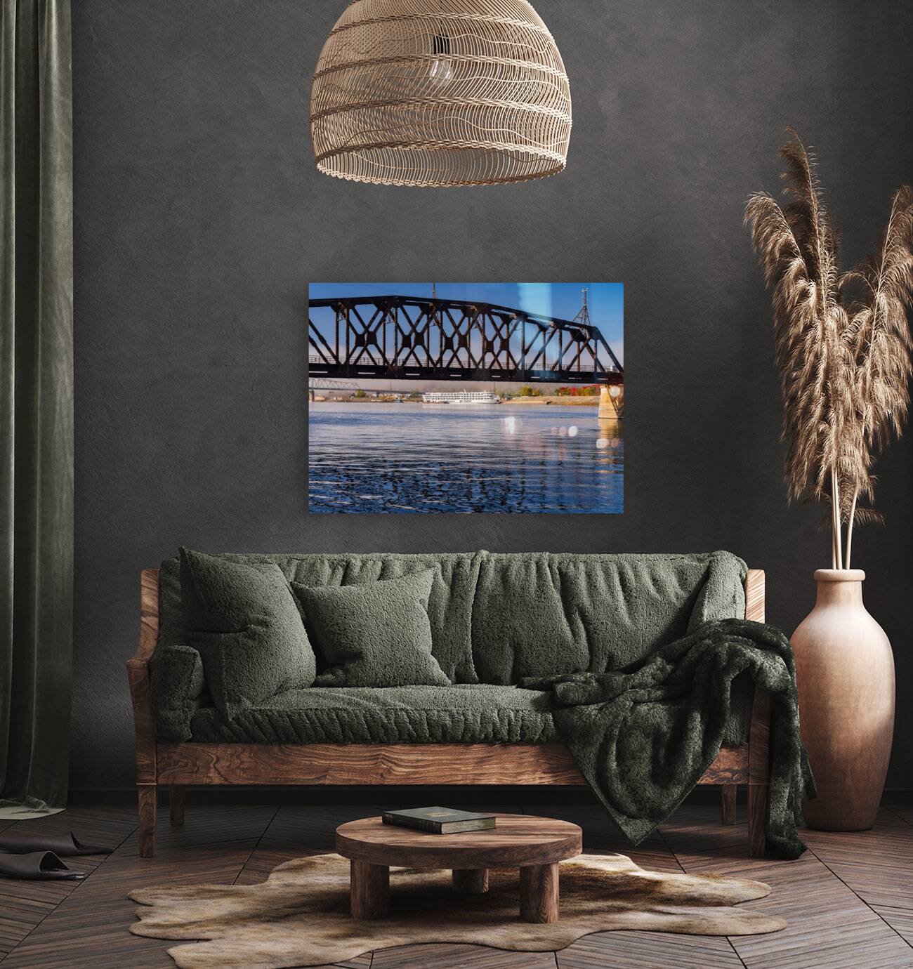 River cruise boat docked in Dubuque IA under Railroad bridge Reproduction