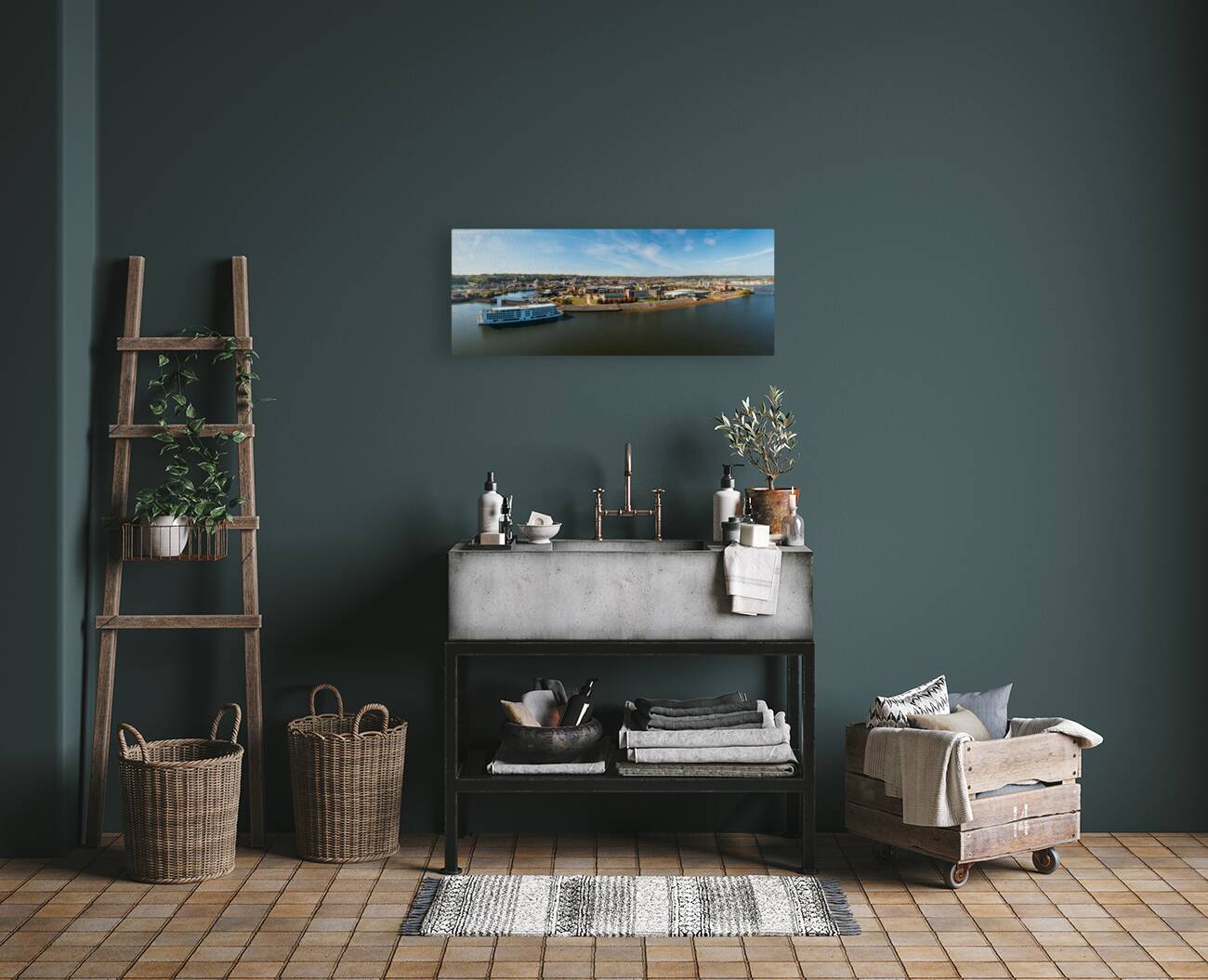 Viking Mississippi river cruise boat docked in Dubuque Reproduction