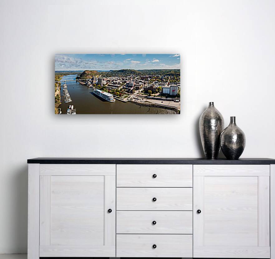 Aerial view of Red Wing Minnesota with river cruise boat Reproduction