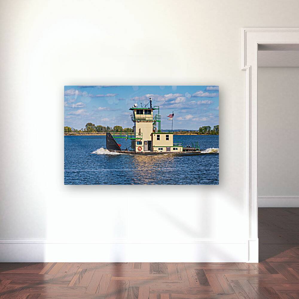 Tug boat or pusher boat leaving Lock and Dam 22 on Mississippi r Reproduction