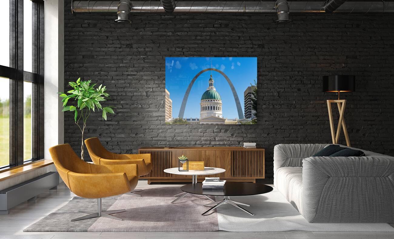 Dome of Old Courthouse in St Louis Missouri against Gateway arch Reproduction