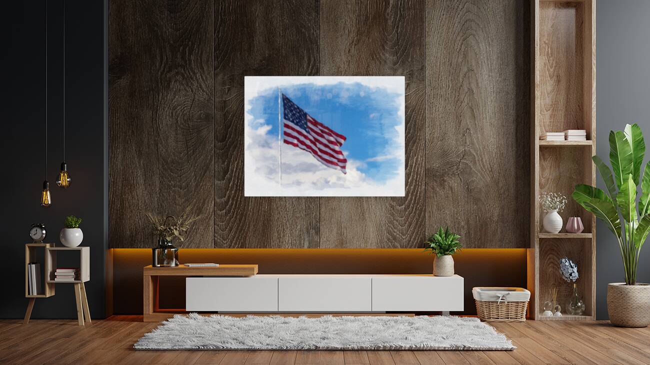 Digital art of USA stars and stripes flag against blue sky Reproduction