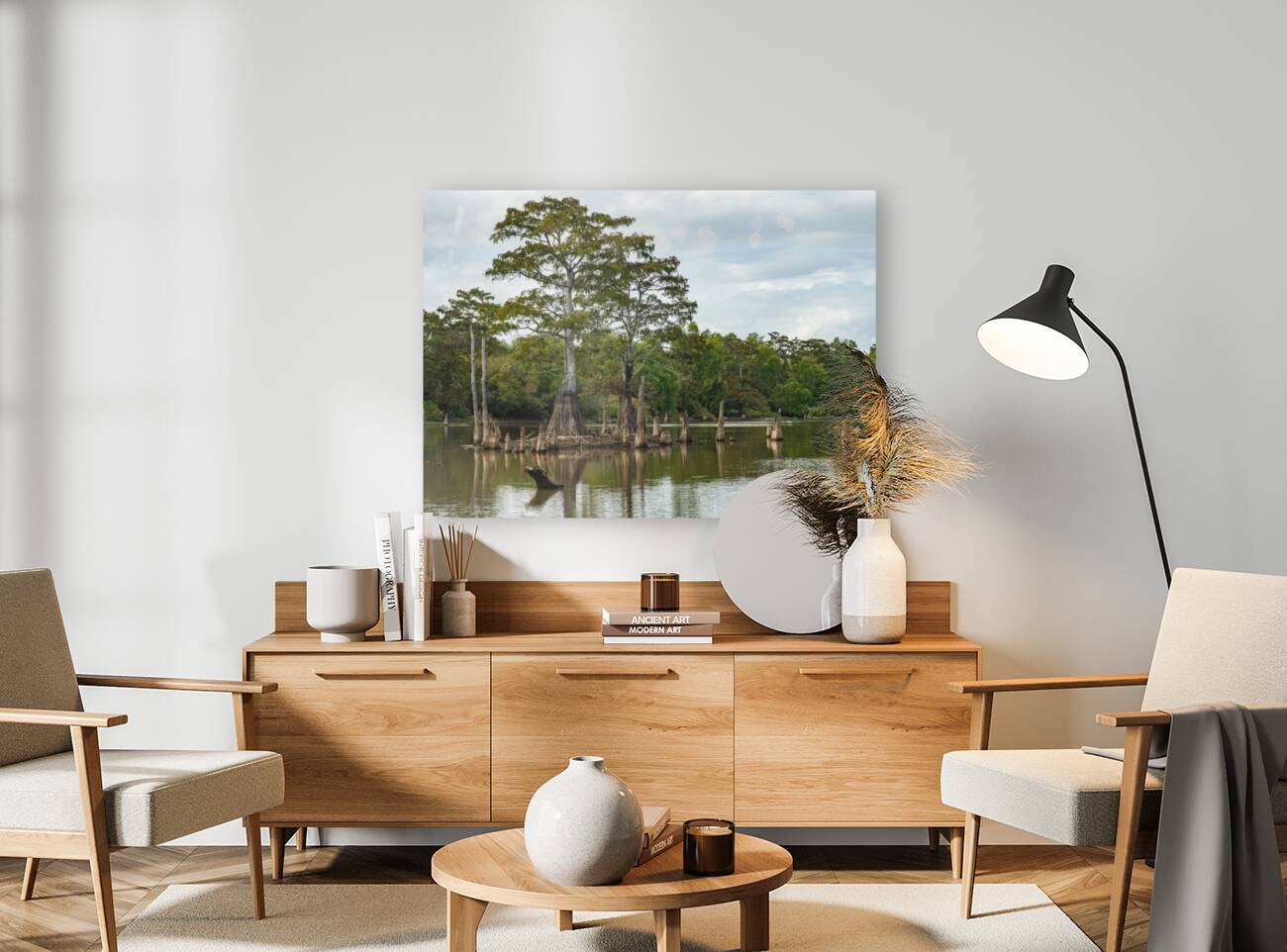 Large bald cypress trees rise out of water in Atchafalaya basin Reproduction