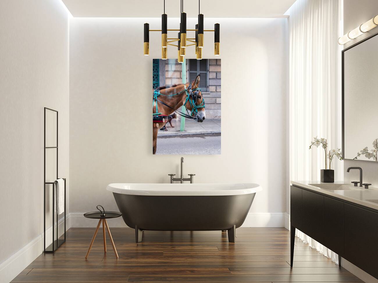 Portrait of horse pulling carriage with black dog on sidewalk Reproduction