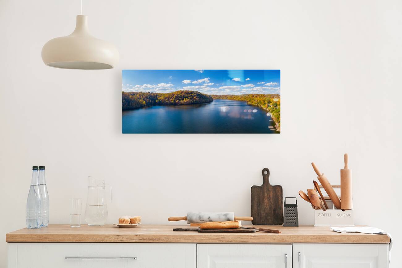 Aerial panorama of fall colors on Cheat Lake Morgantown WV with Reproduction