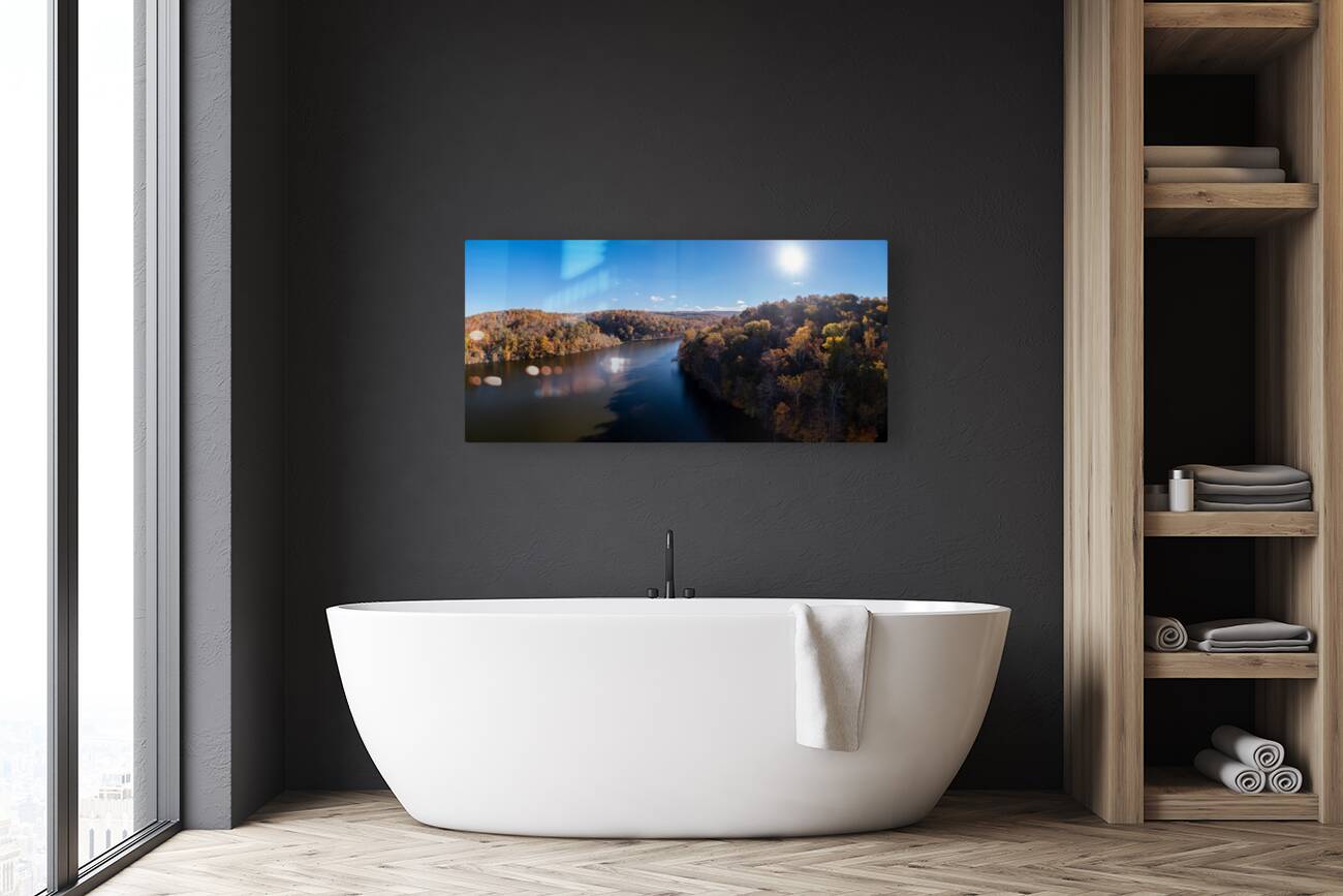 Panoramic fall trees around the water at Cheat Lake Park Morgan Reproduction