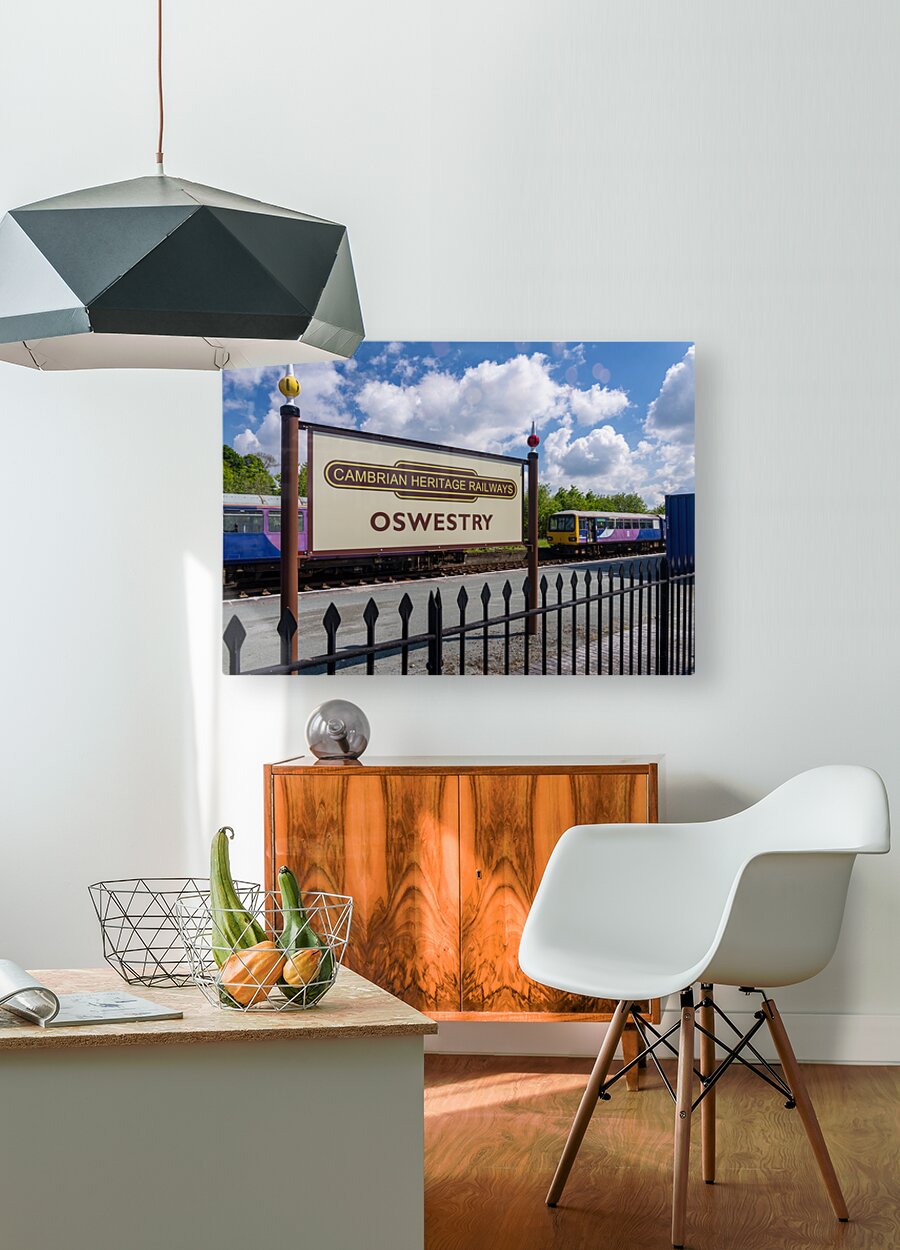 Oswestry railway station sign in Shropshire  HD Metal print with Floating Frame on Back