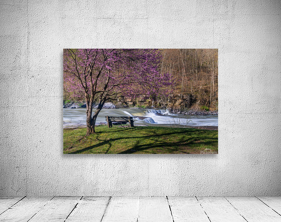 Wooden bench view of Valley Falls on spring morning Wall Preview