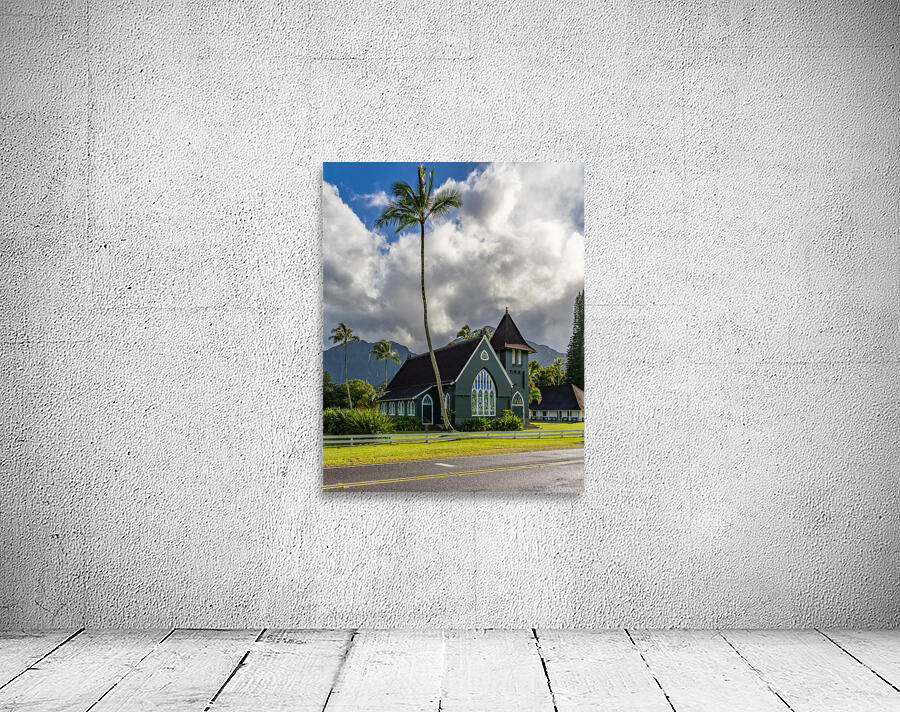 Waioli Huiia Church stands in Hanalei Kauai with waterfalls in Wall Preview