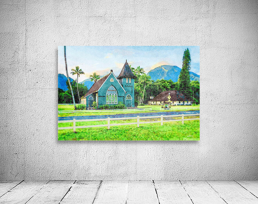 Waioli Huiia Church stands in Hanalei Kauai in watercolor Wall Preview