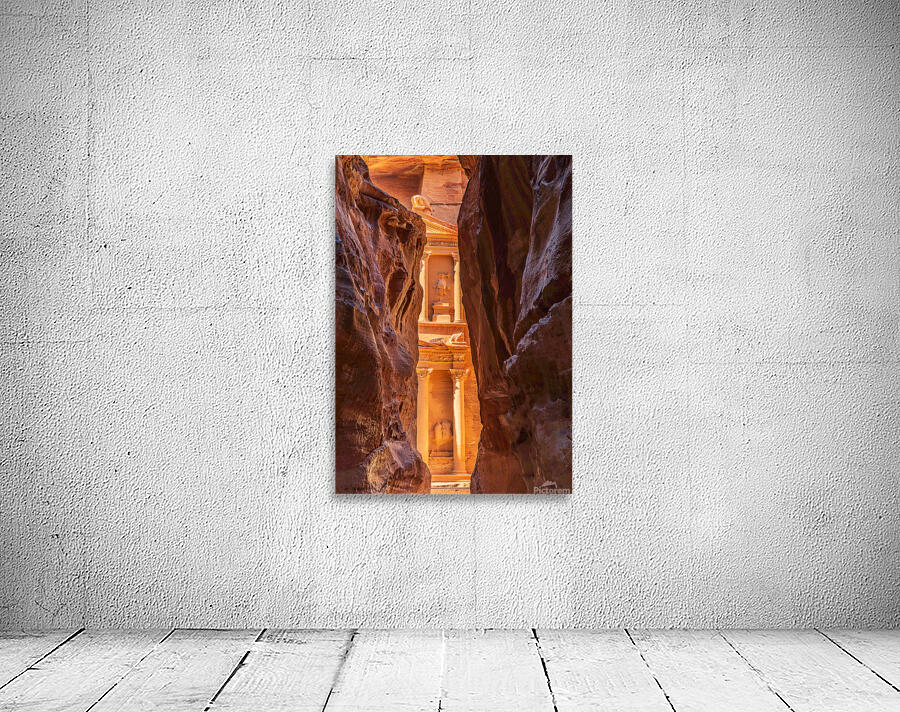 Petra Treasury building facade seen through narrow gorge Wall Preview