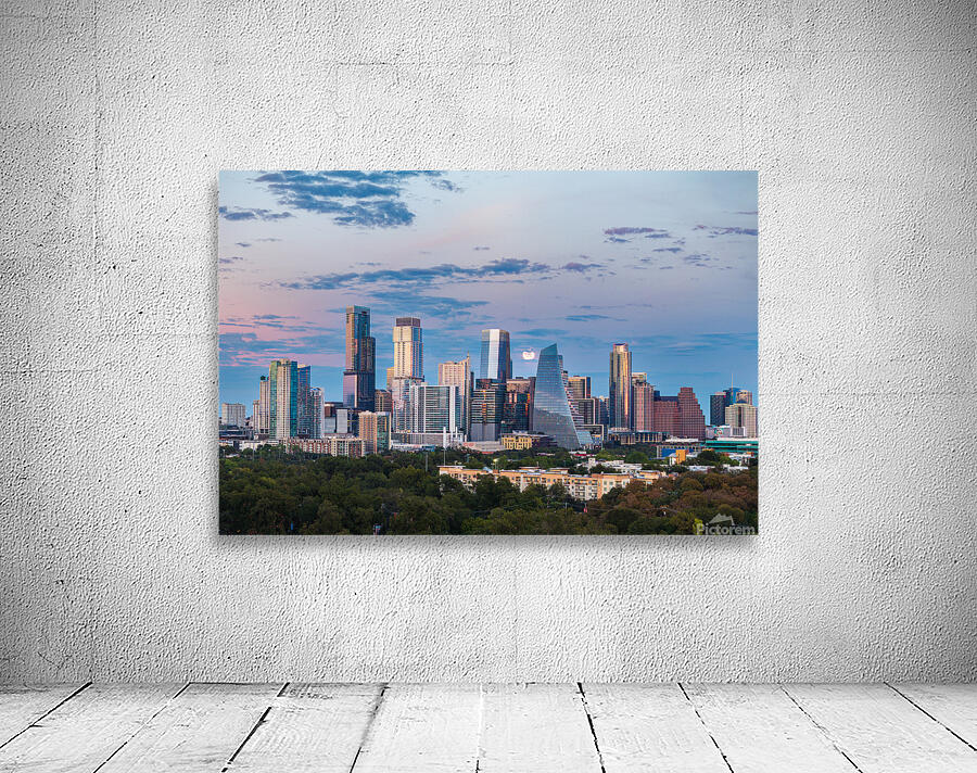Distant view of Harvest moon in the Austin skyline at sunset Wall Preview