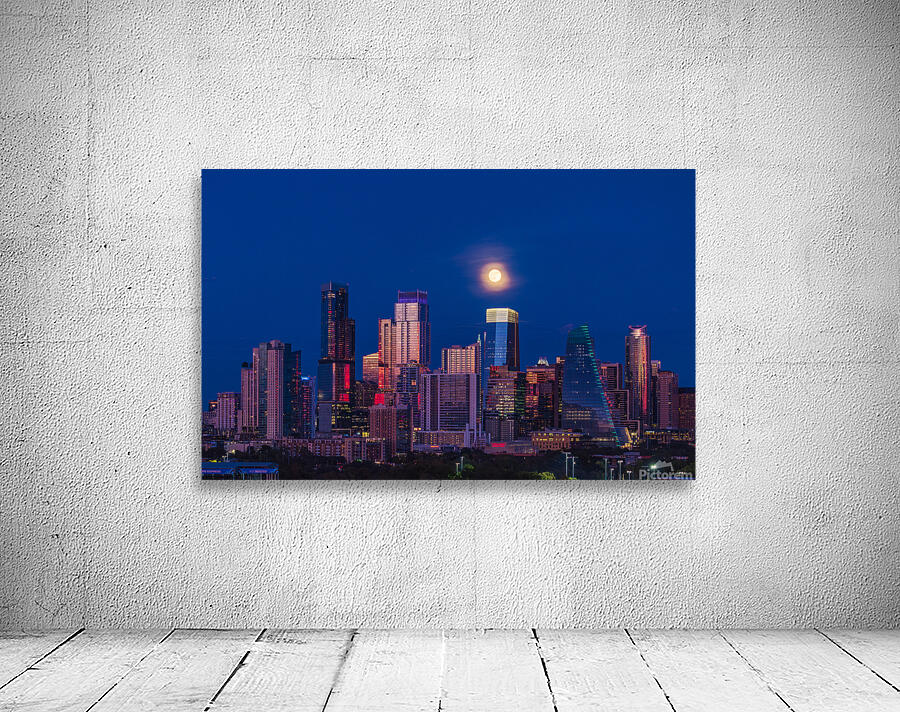 Harvest moon in the Austin skyline at sunset in Texas Wall Preview