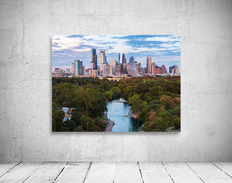 Aerial view of the Austin skyline at sunset over Barton Springs. Wall Preview