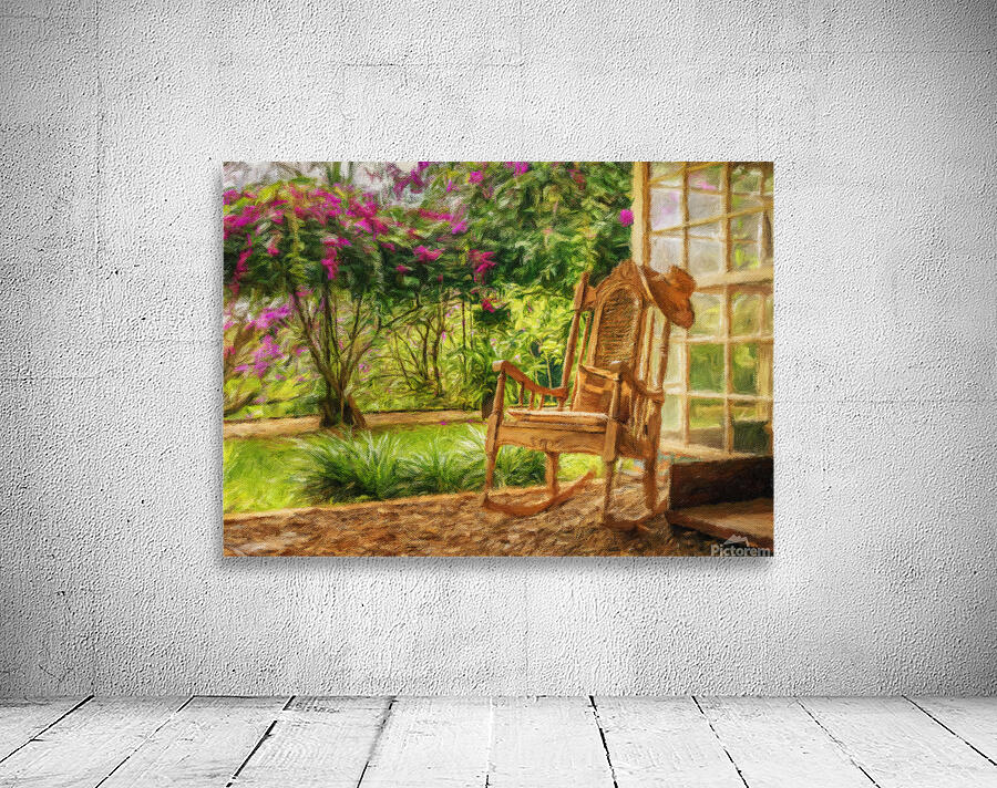 Oil painting of vintage wooden rocking chair with a straw hat re Wall Preview