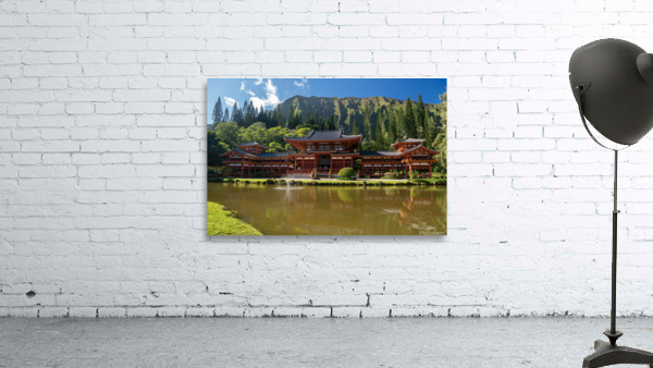 Byodo In buddhist temple under the tall mountain range Wall Preview