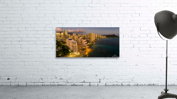 Aerial view of Waikiki beach towards Diamond Head at sunset  Wall Preview