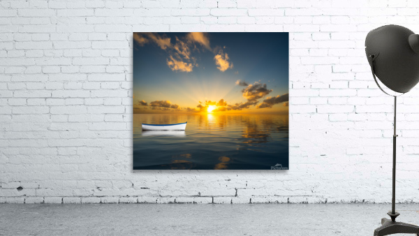 White rowing boat adrift on open ocean drifting to sunset Wall Preview