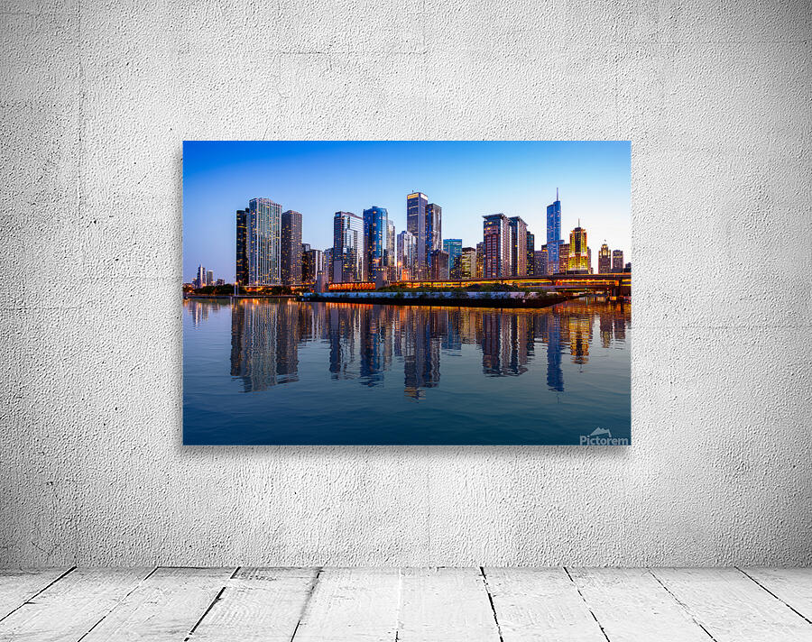 Calm water reflects Chicago Skyline at sunset from Navy Pier Wall Preview