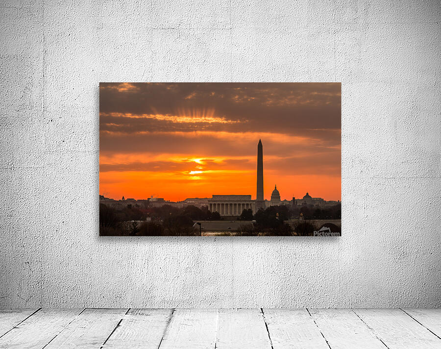 Fiery sunrise over monuments of Washington Wall Preview