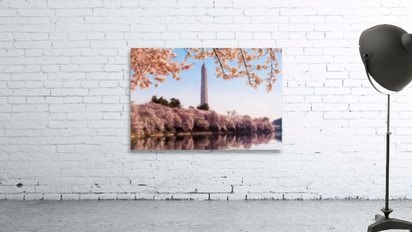 Digital art of the Washington Monument towering above blossoms Wall Preview