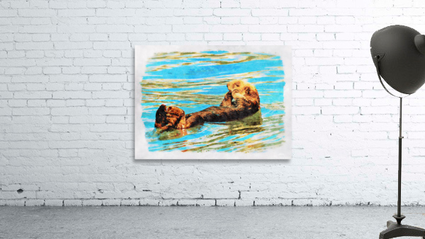 Digital watercolor of Sea Otter floating in the sea Wall Preview