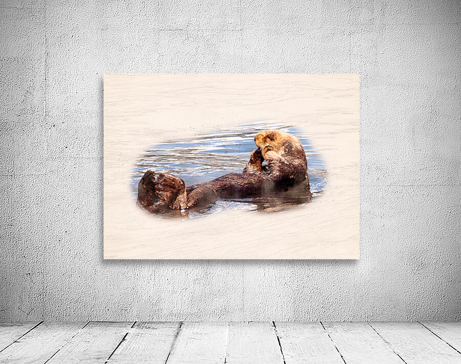 Digital watercolor of Sea Otter floating in the sea Wall Preview