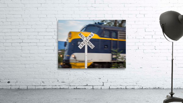 Diesel engine with railroad crossing sign Wall Preview